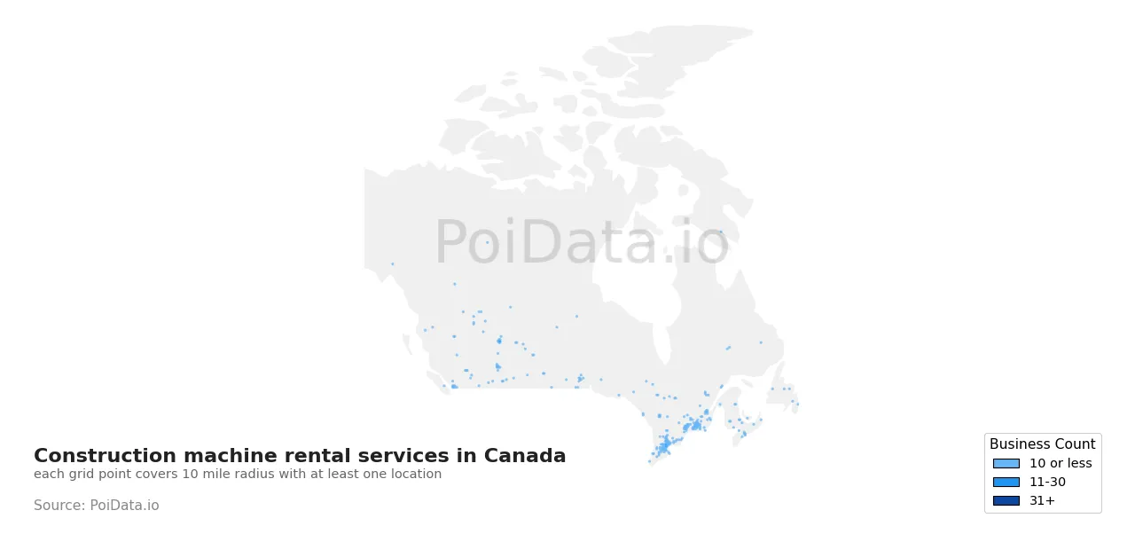 Construction machine rental service density map for Canada