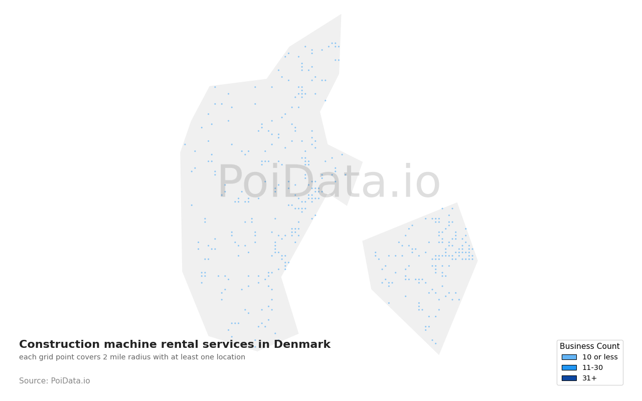 Construction machine rental service density map for Denmark