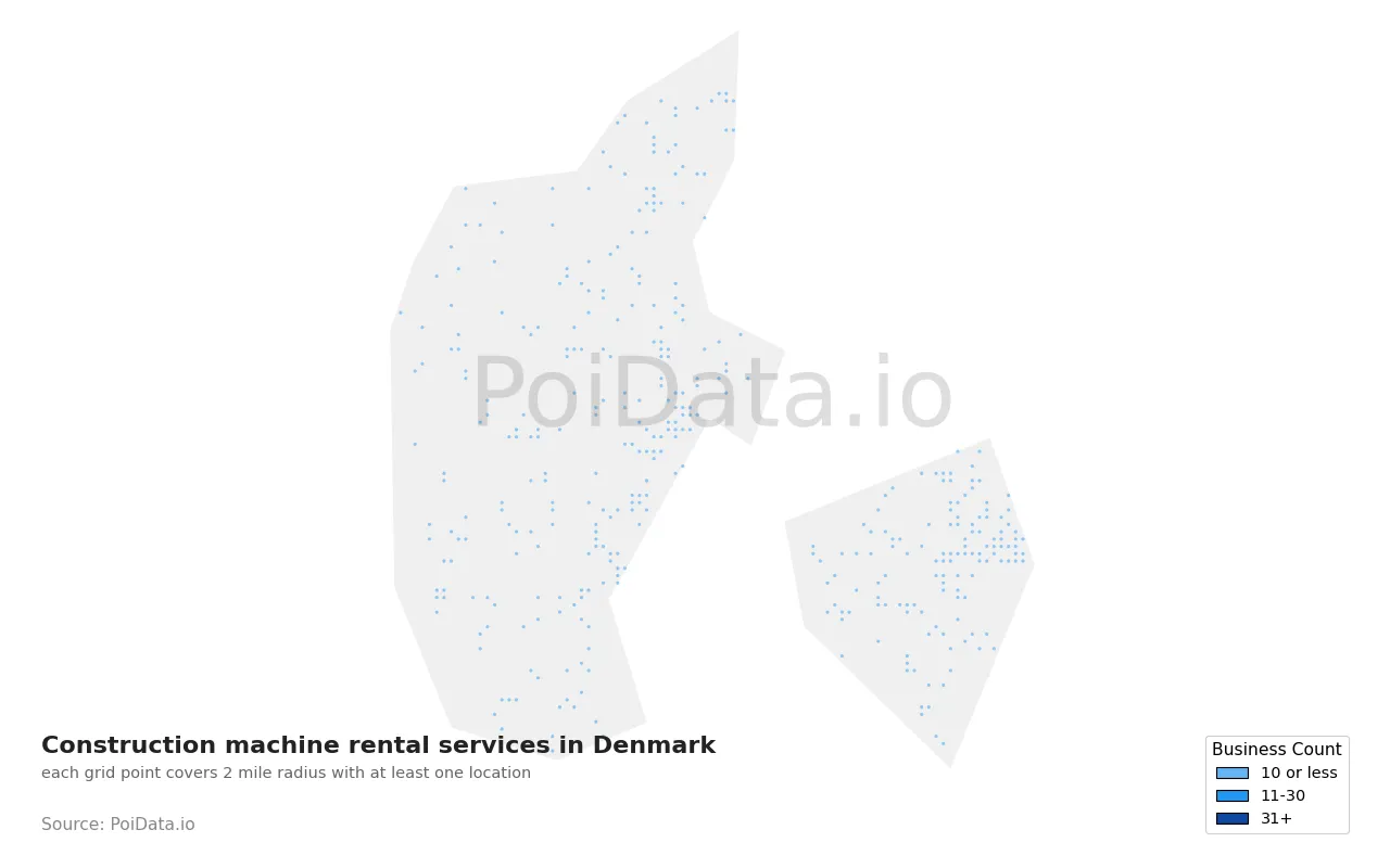 Construction machine rental service density map for Denmark