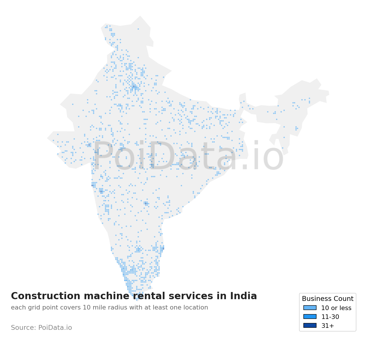 Construction machine rental service density map for India