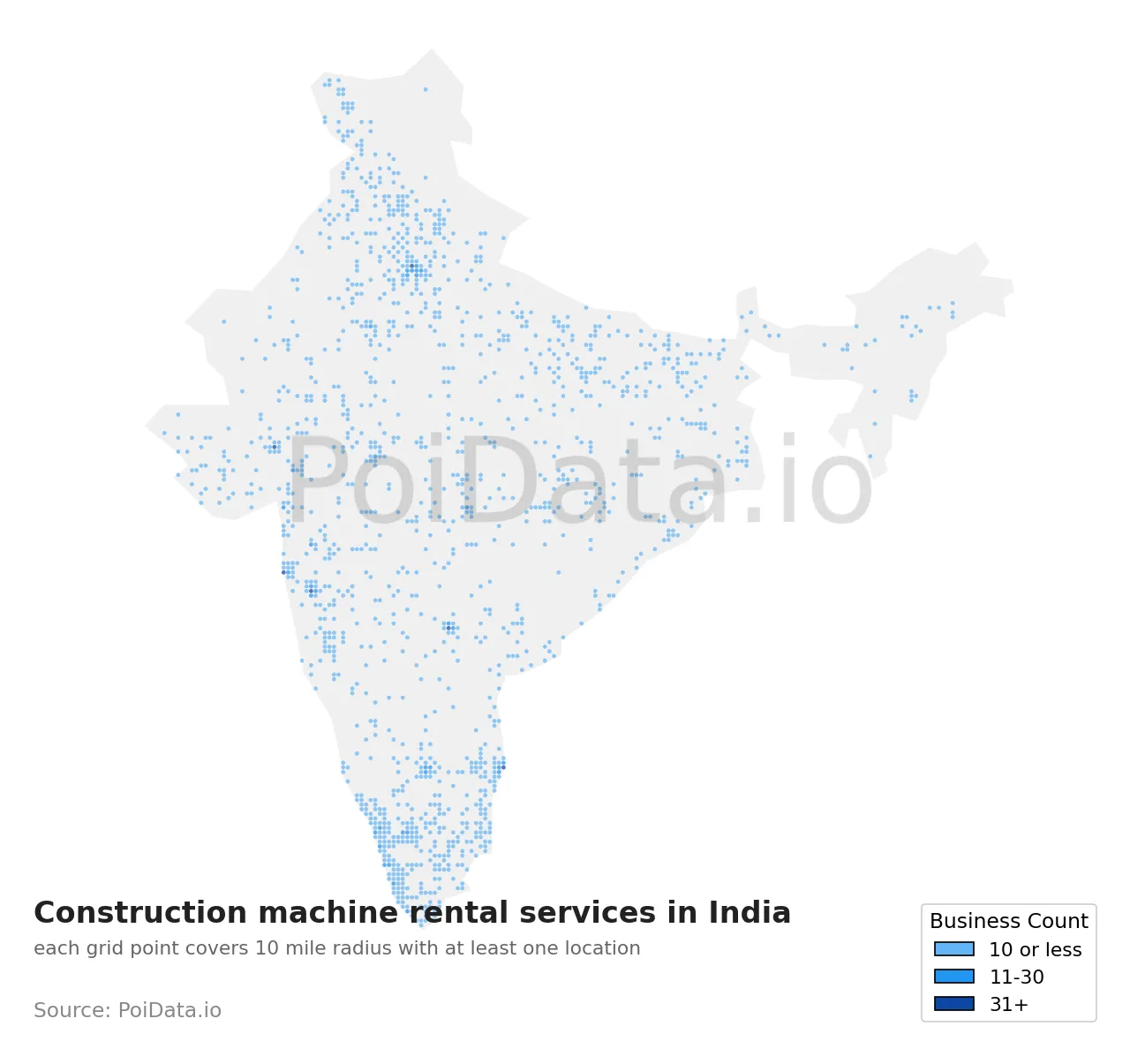 Construction machine rental service density map for India