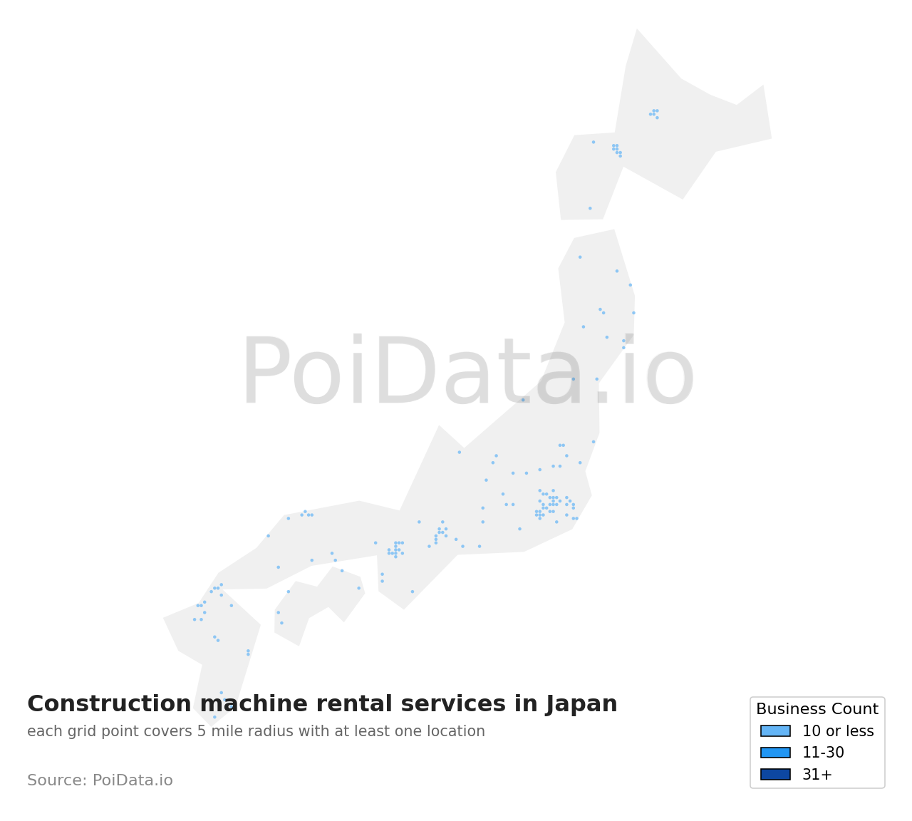 Construction machine rental service density map for Japan