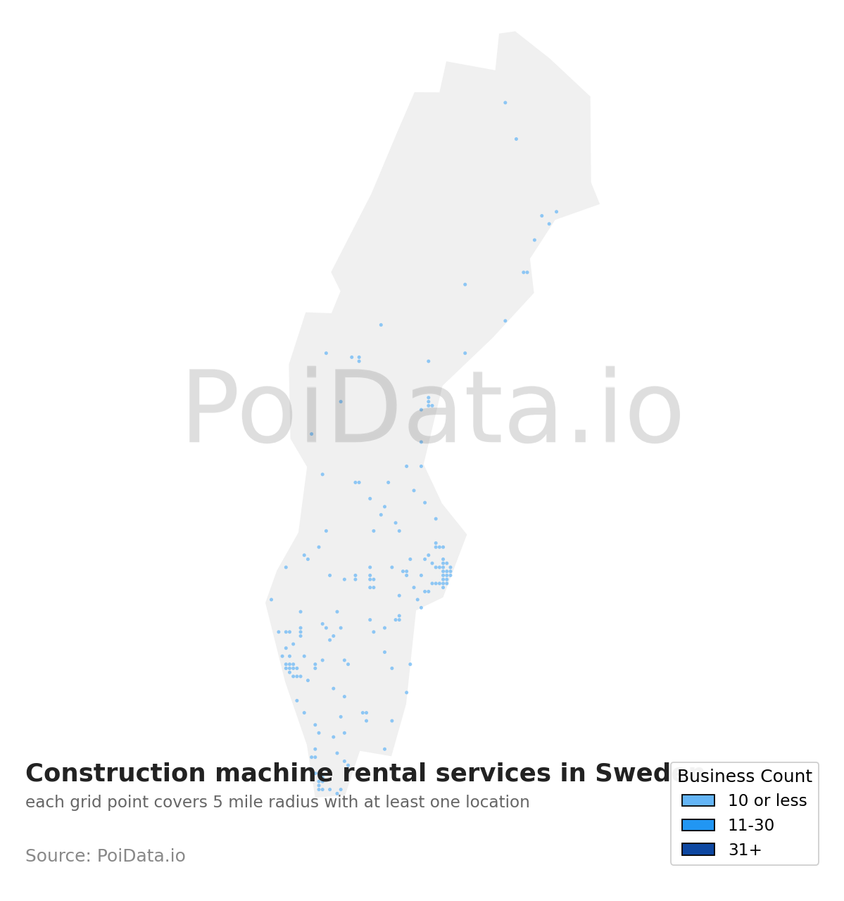 Construction machine rental service density map for Sweden