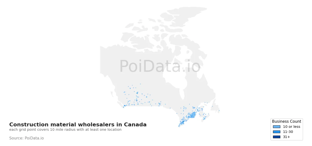 Construction material wholesaler density map for Canada
