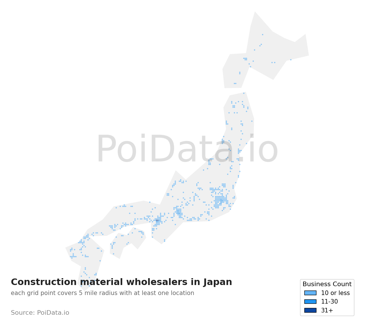 Construction material wholesaler density map for Saitama, Japan