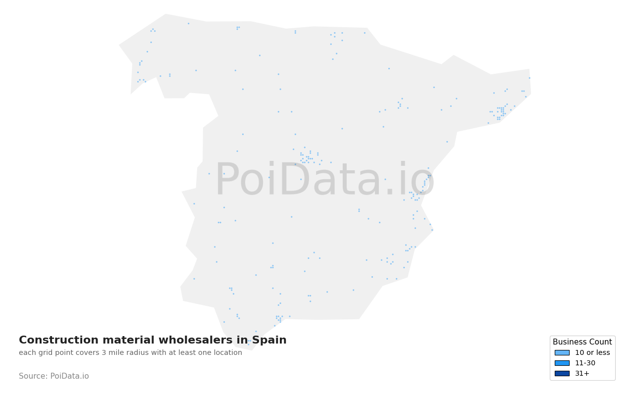Construction material wholesaler density map for Spain