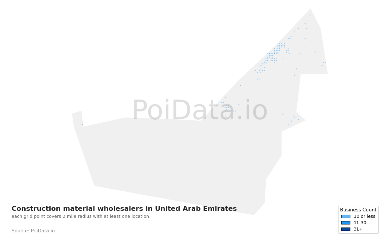 Construction material wholesaler density map for United Arab Emirates