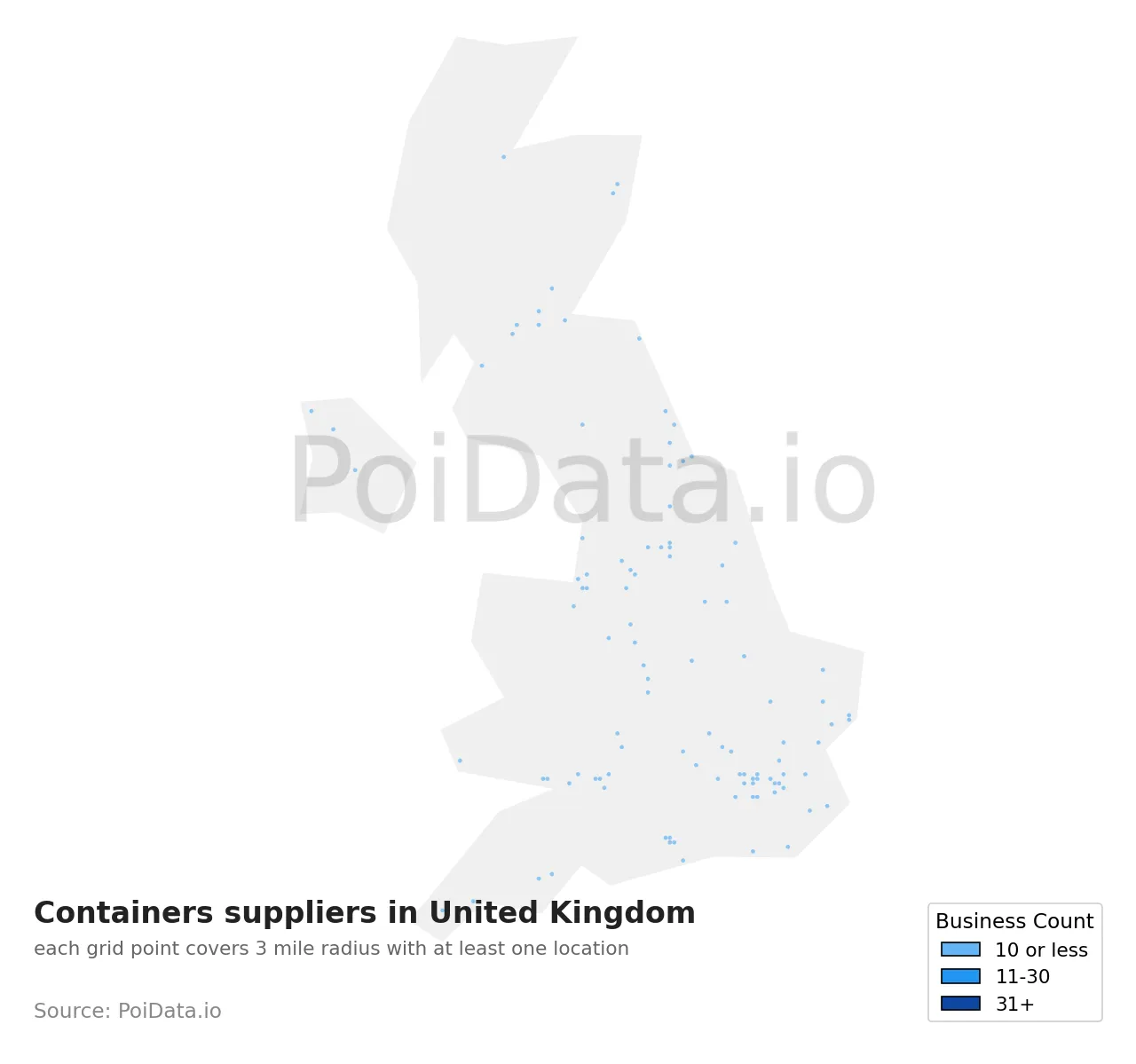 Containers supplier density map for United Kingdom