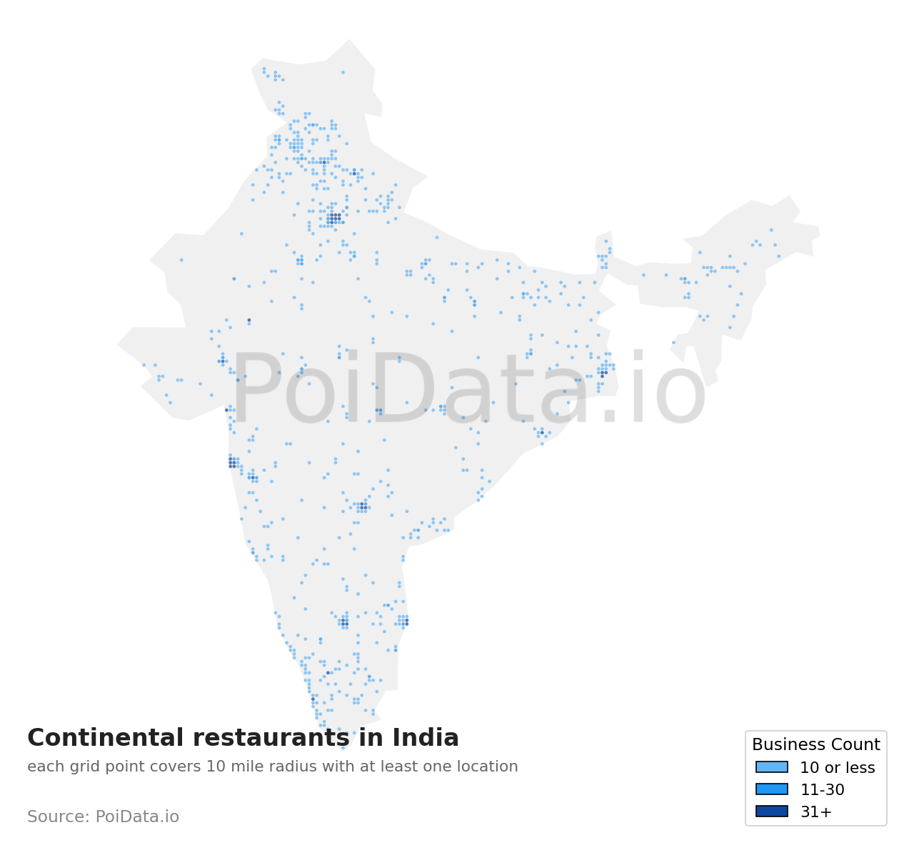 Continental restaurant density map for India