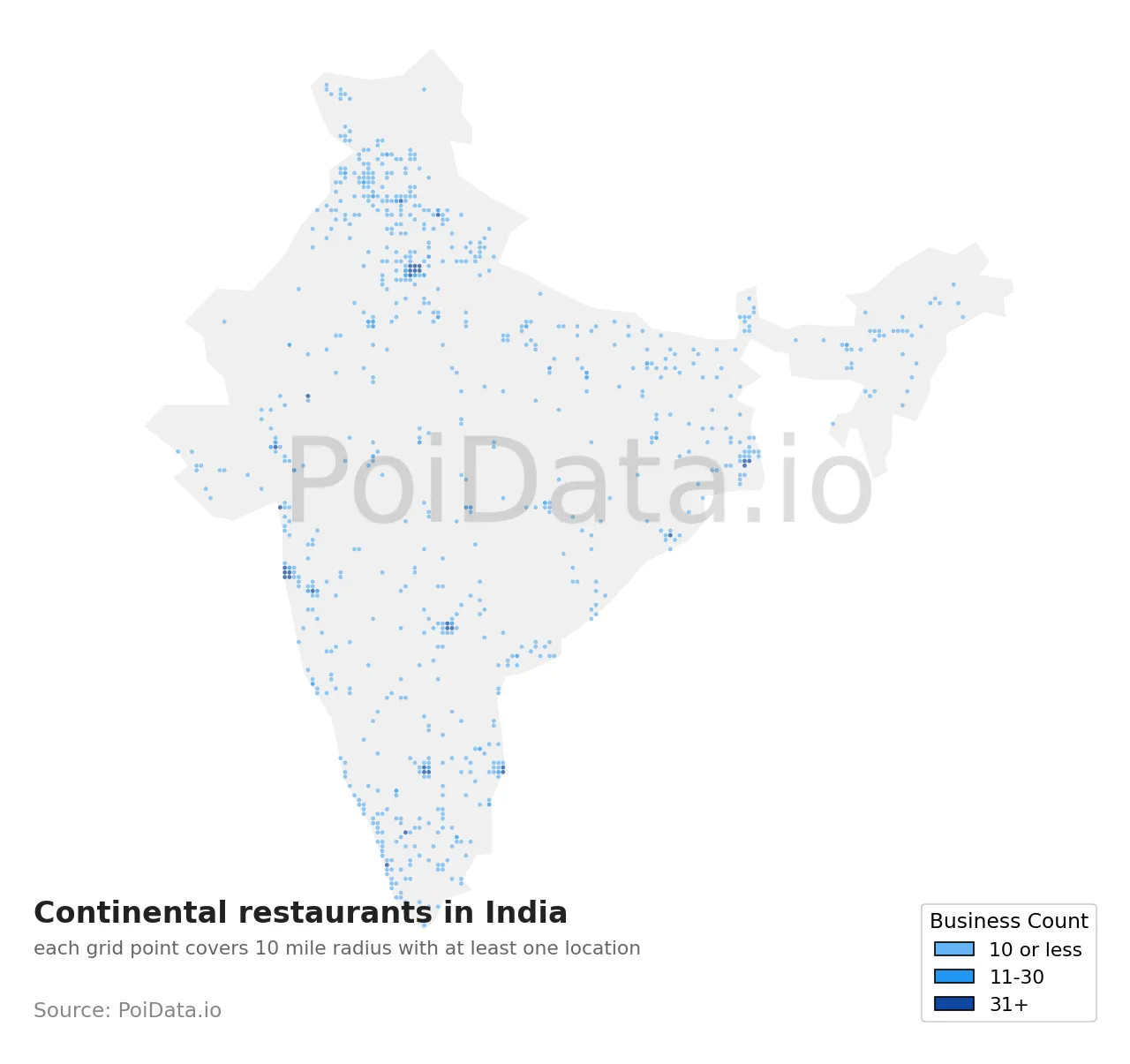 Continental restaurant density map for India