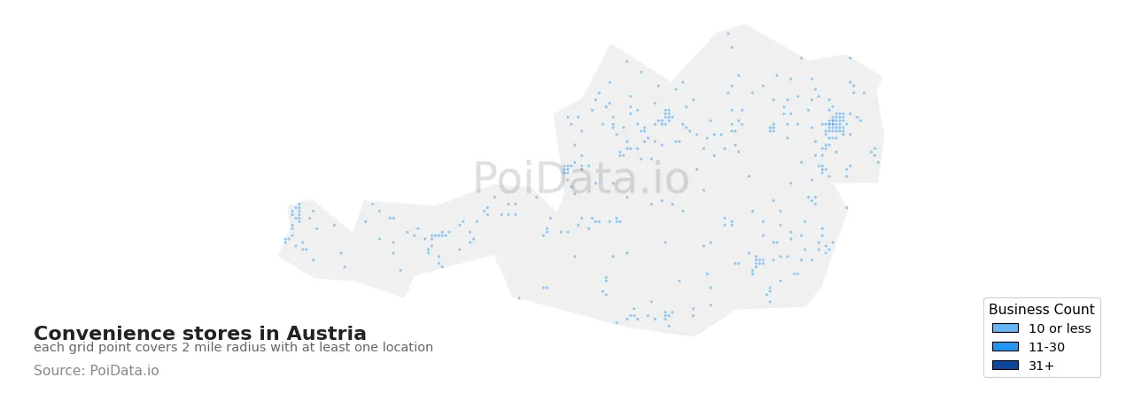 Convenience store density map for Austria