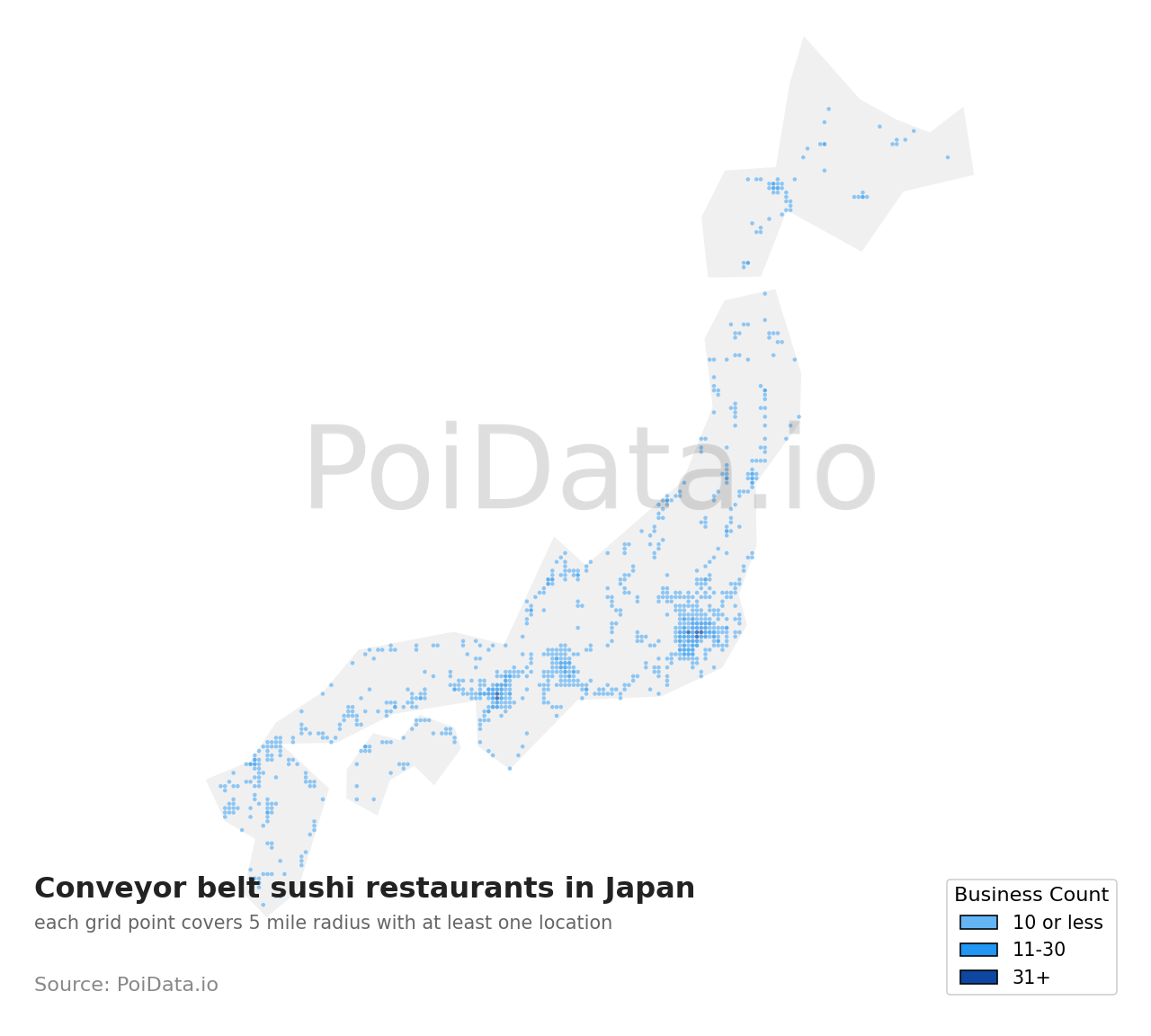 Conveyor belt sushi restaurant density map for Japan