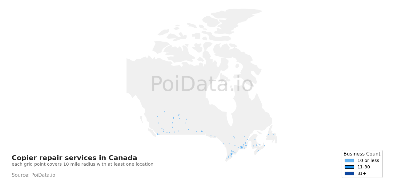 Copier repair service density map for Nova Scotia, Canada