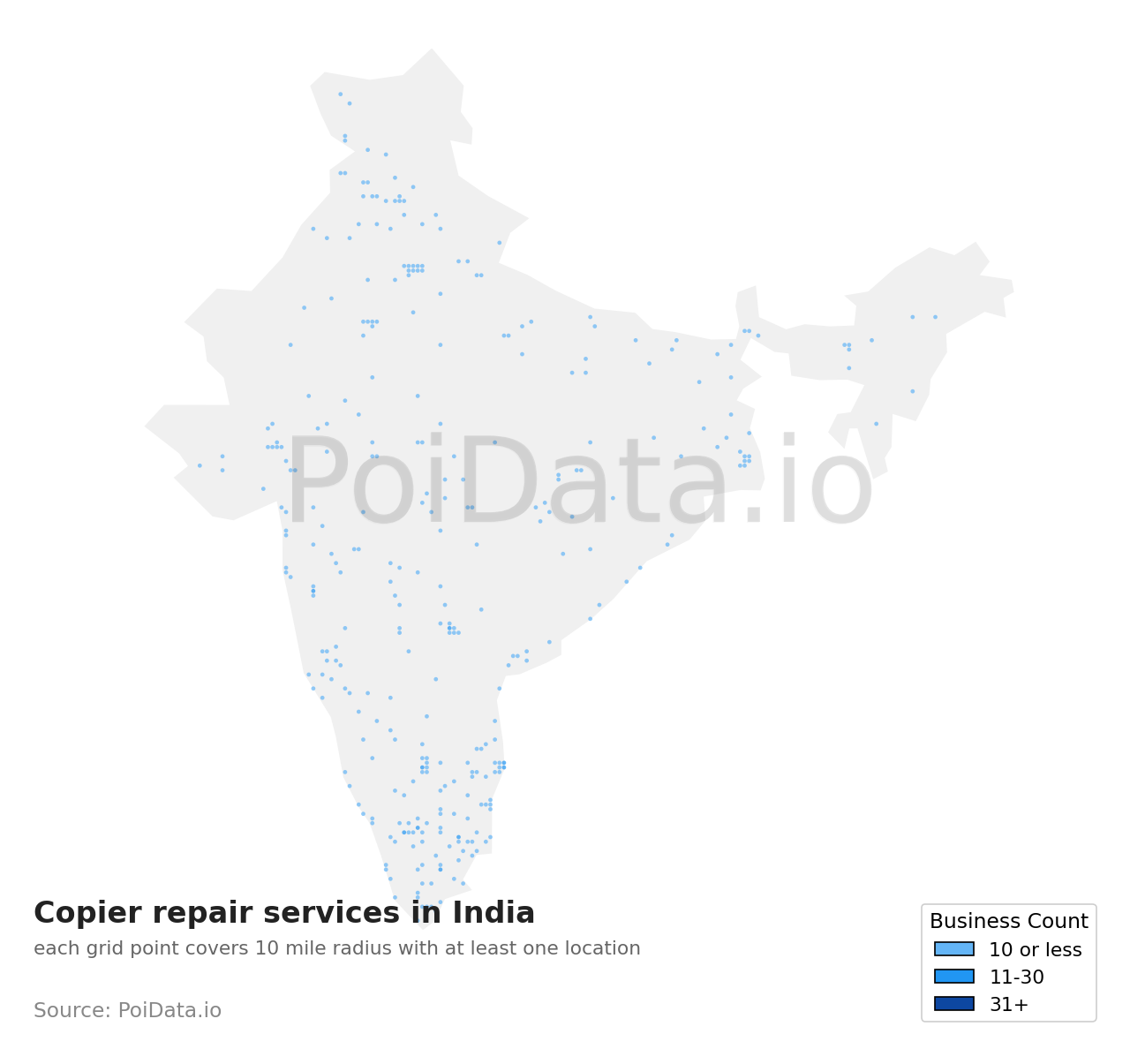 Copier repair service density map for India