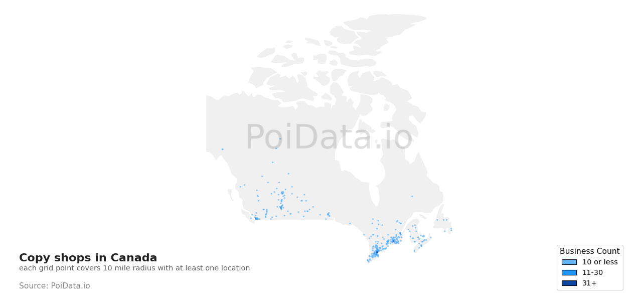 Copy shop density map for Newfoundland and Labrador, Canada