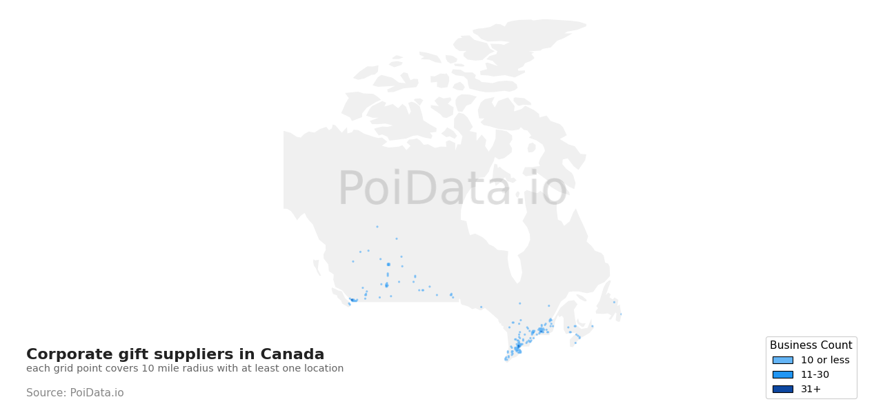 Corporate gift supplier density map for Canada