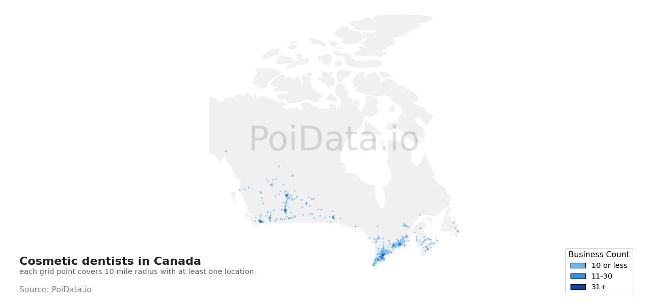 Cosmetic dentist density map for Canada