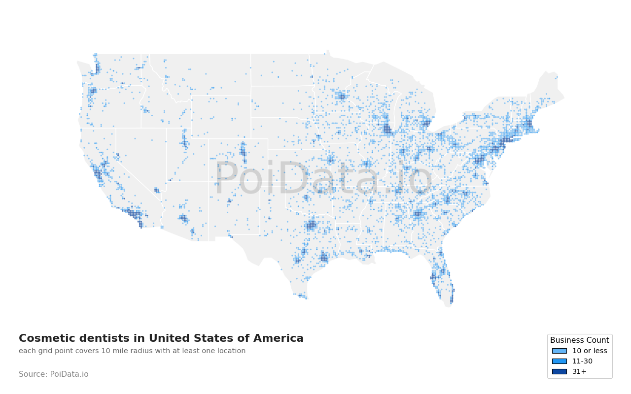 Cosmetic dentist density map for United States