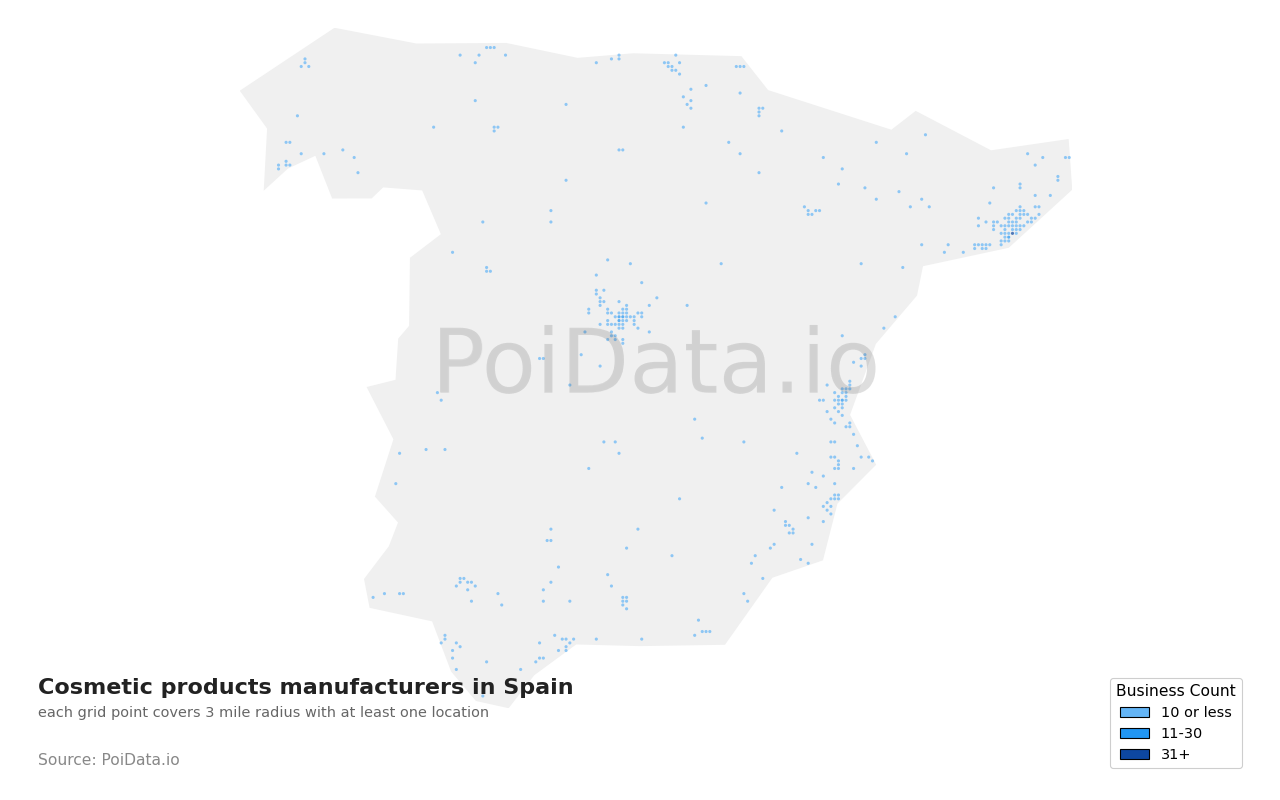 Cosmetic products manufacturer density map for Spain