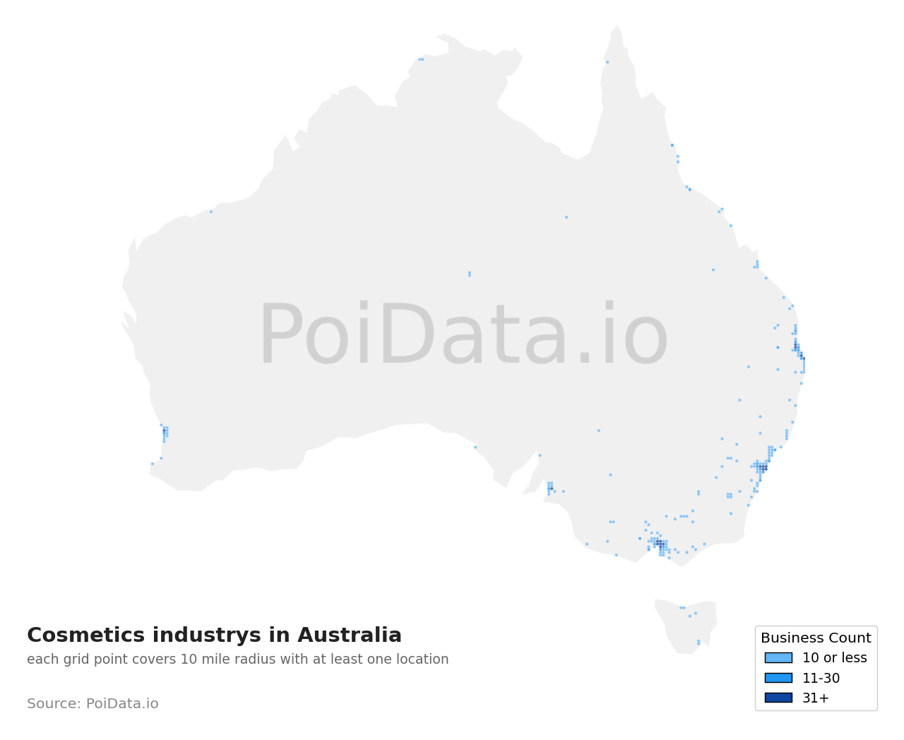 Cosmetics industry density map for Queensland, Australia