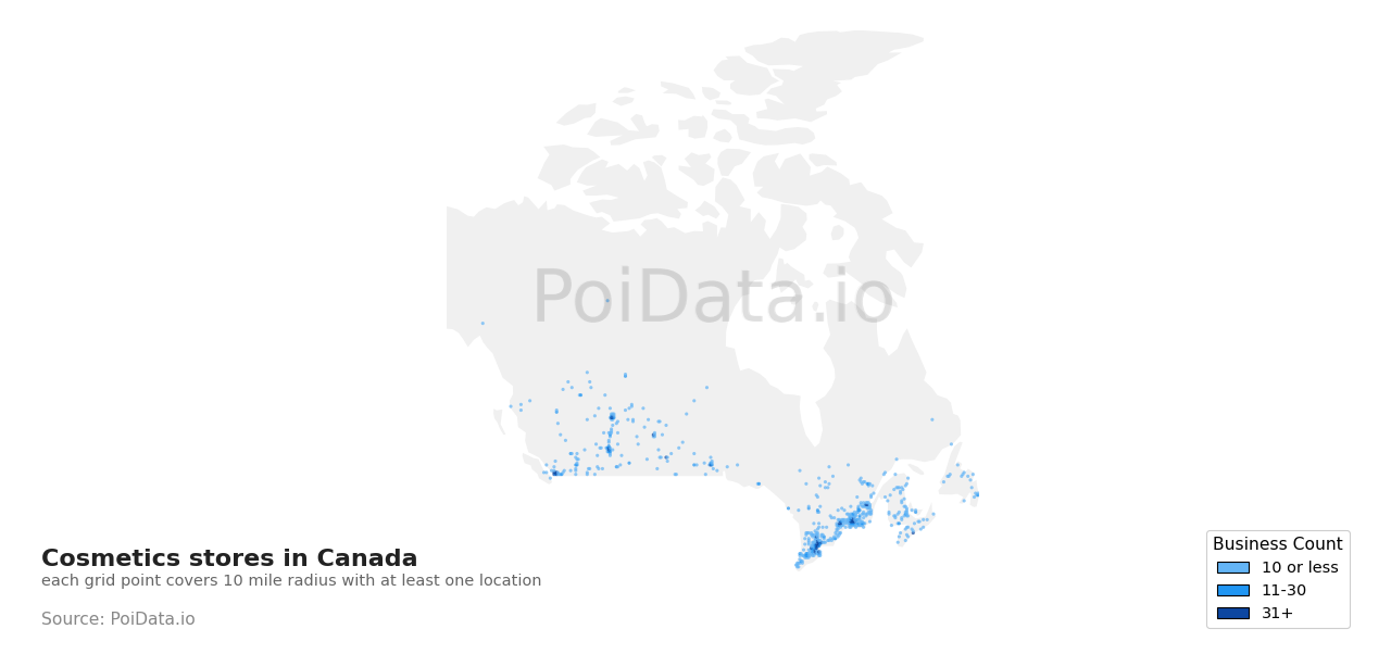 Cosmetics store density map for Canada