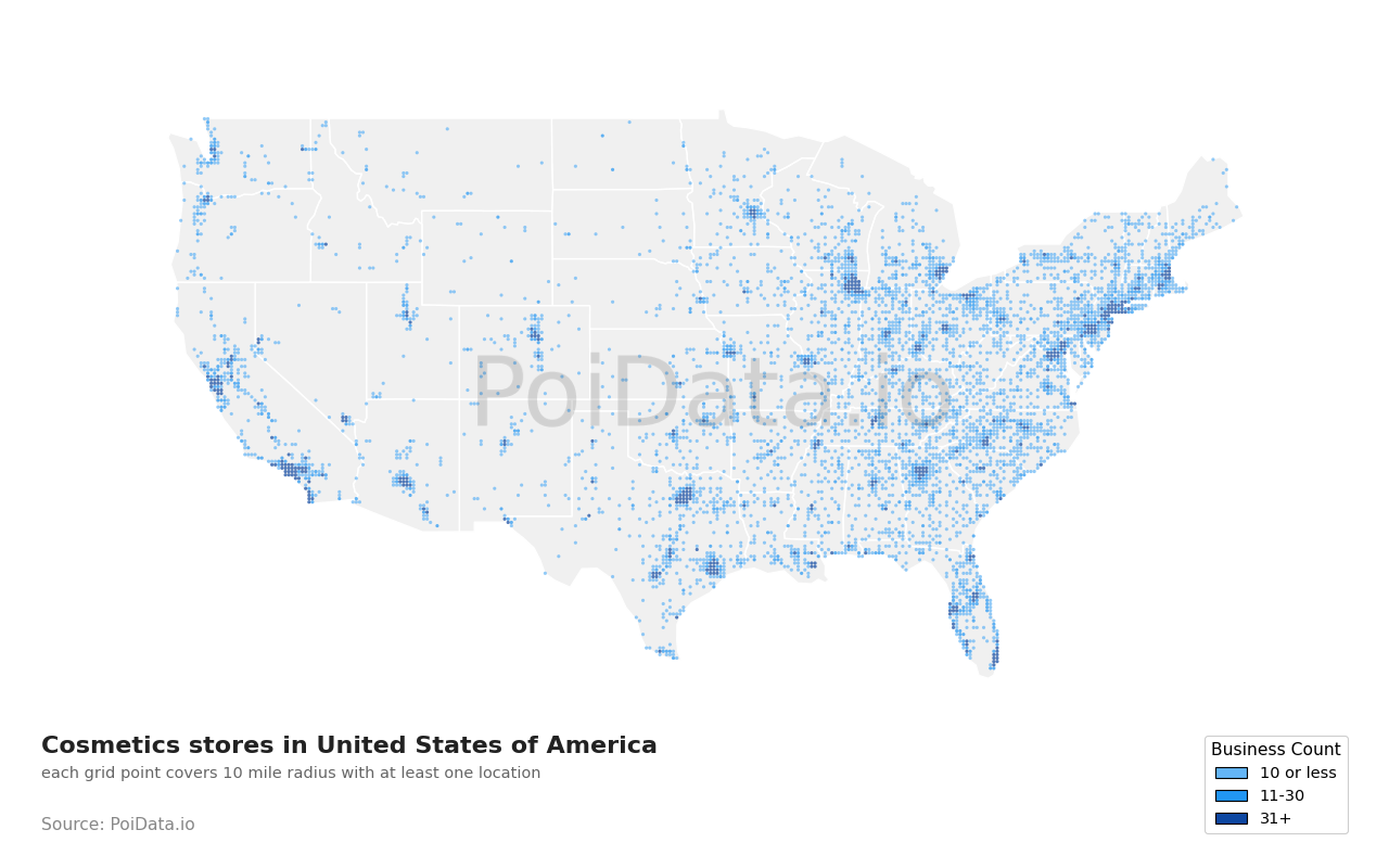 Cosmetics store density map for United States