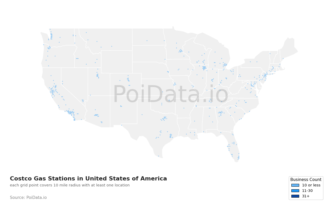 Costco Gas Station density map for United States