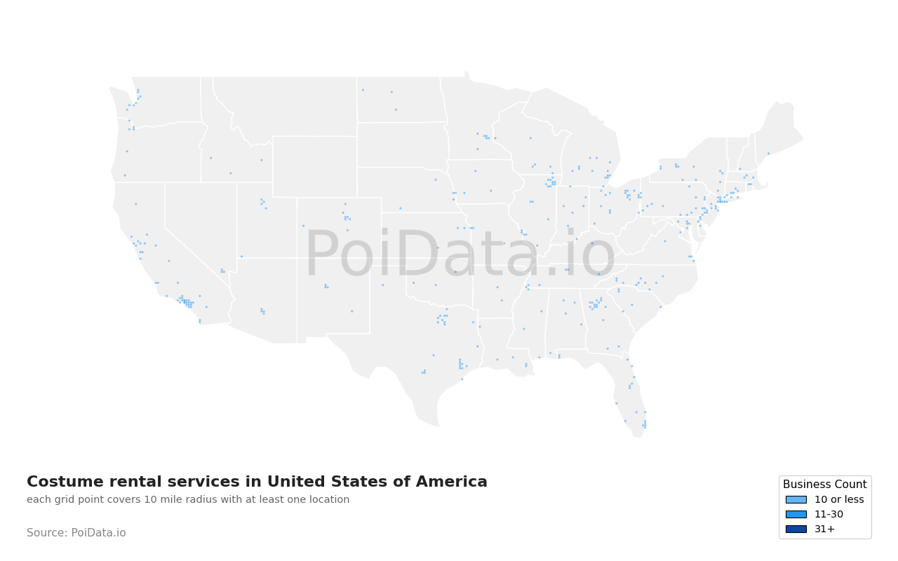 Costume rental service density map for United States