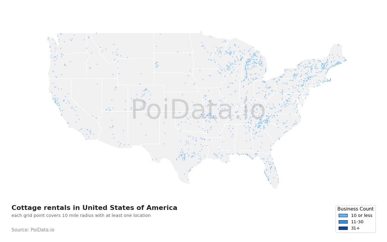 Cottage rental density map for California, United States