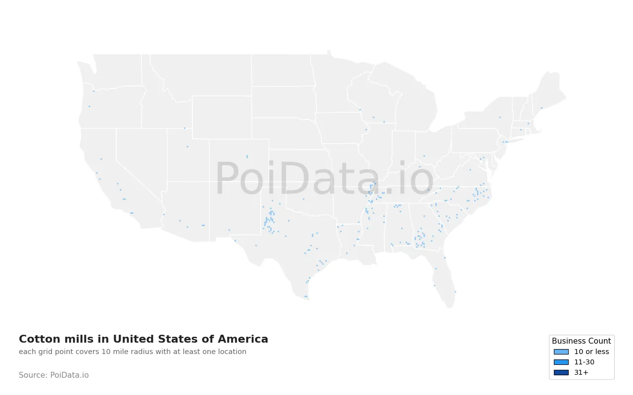 Cotton mill density map for United States