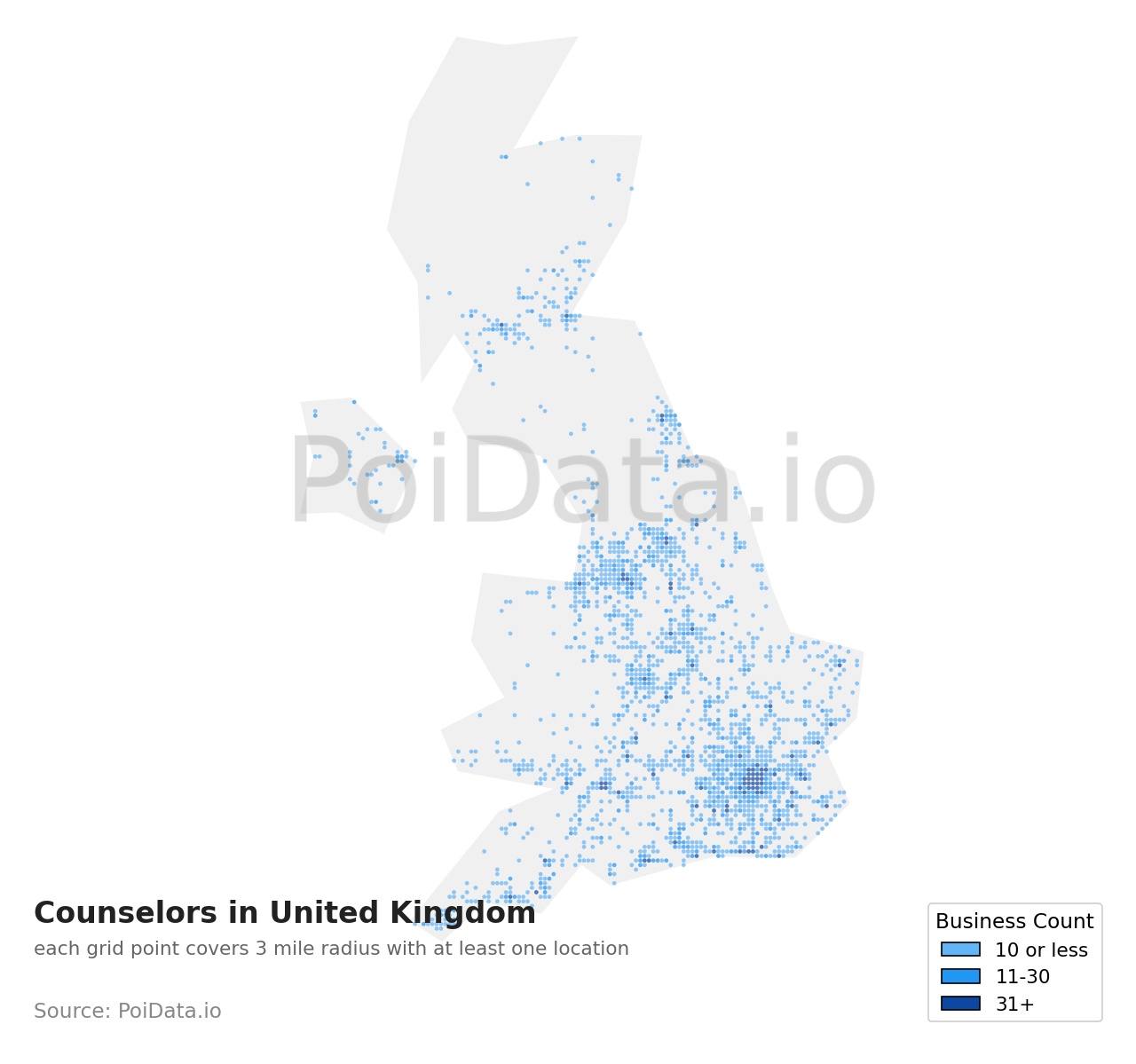 Counselor density map for United Kingdom