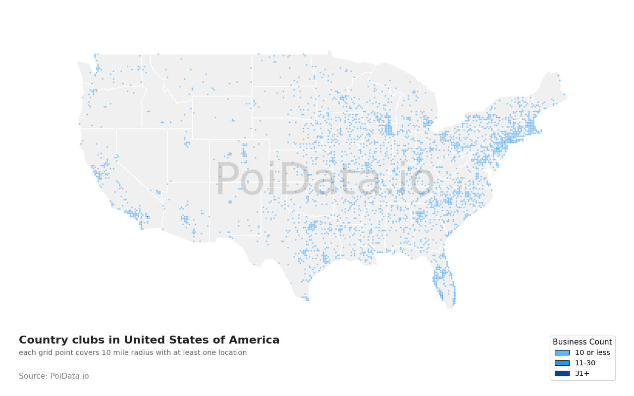Country club density map for California, United States