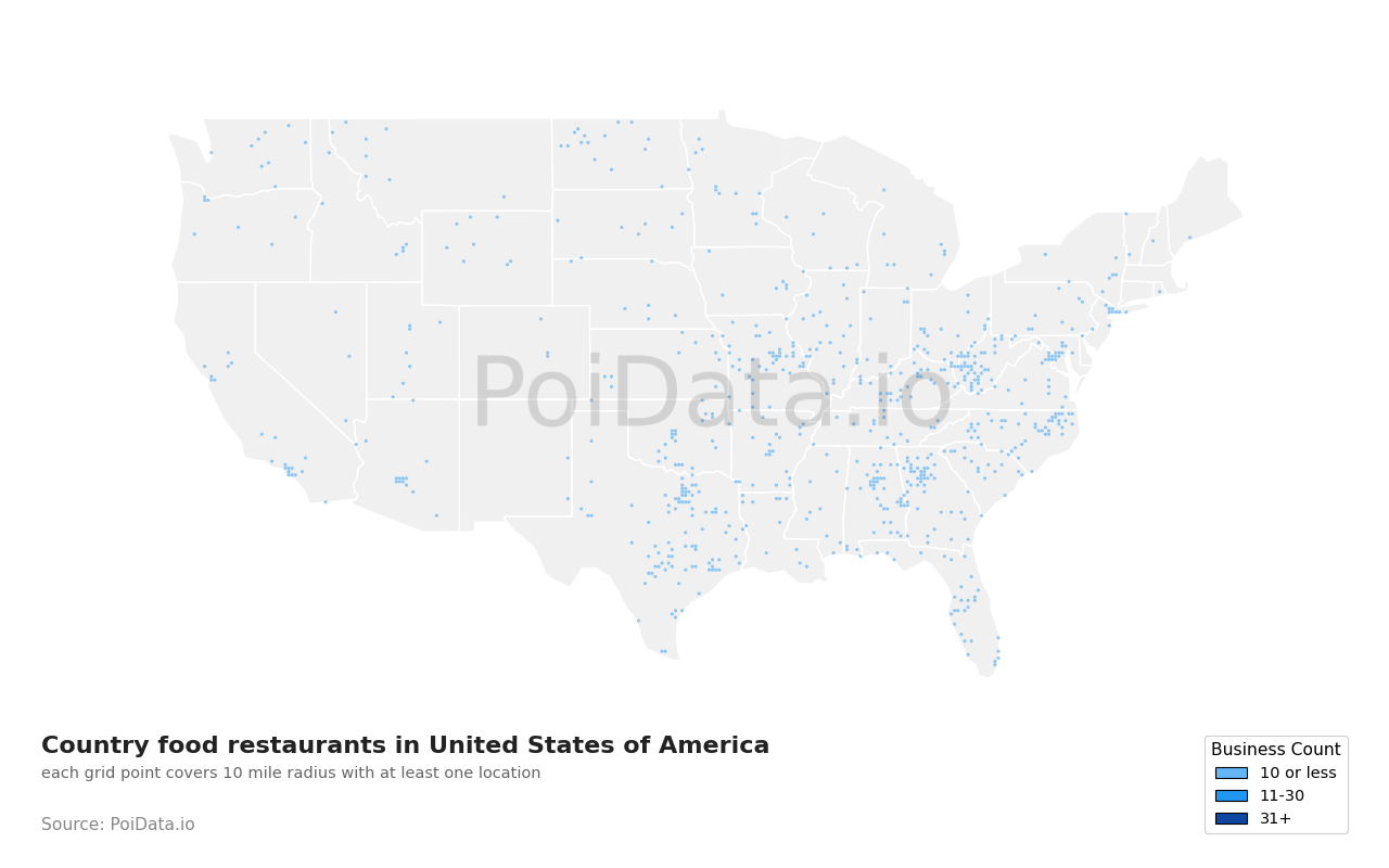 Country food restaurant density map for Tennessee, United States