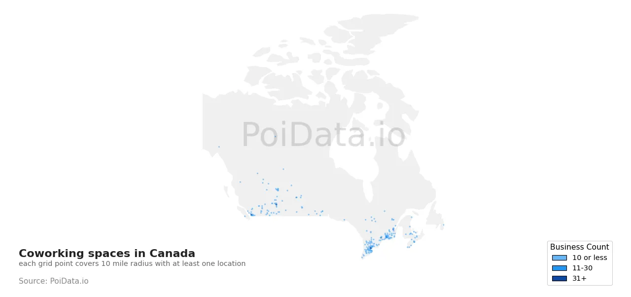 Coworking space density map for Canada