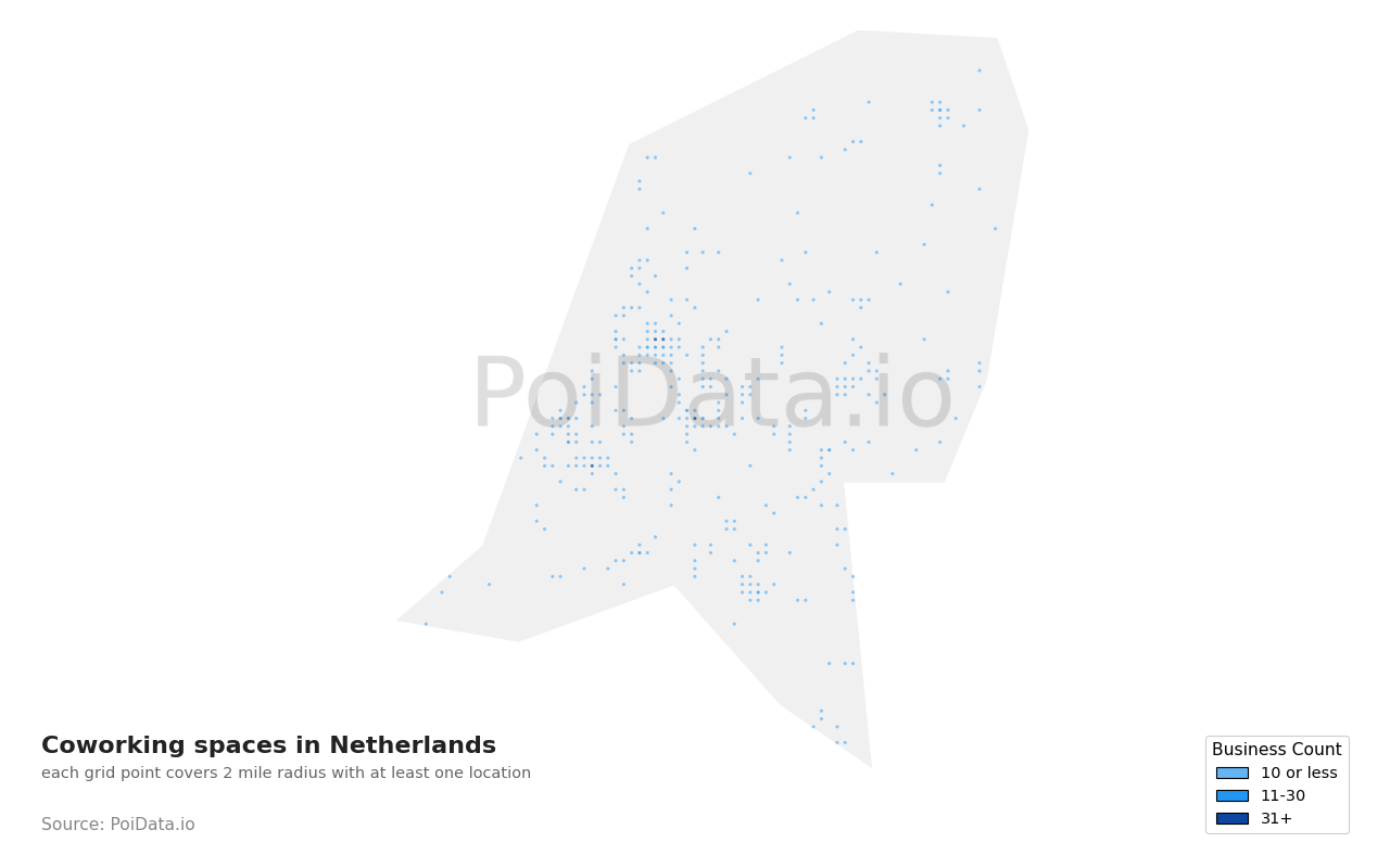 Coworking space density map for Netherlands