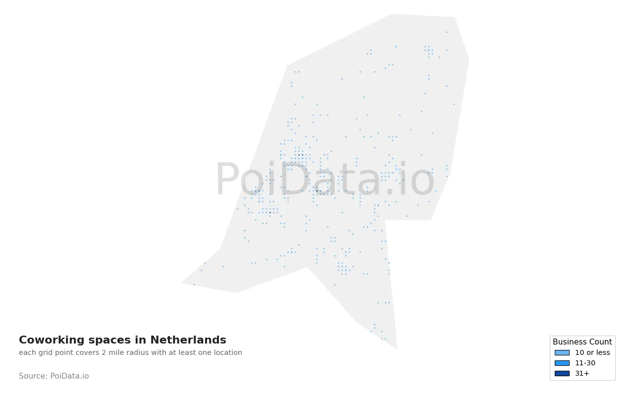 Coworking space density map for Netherlands