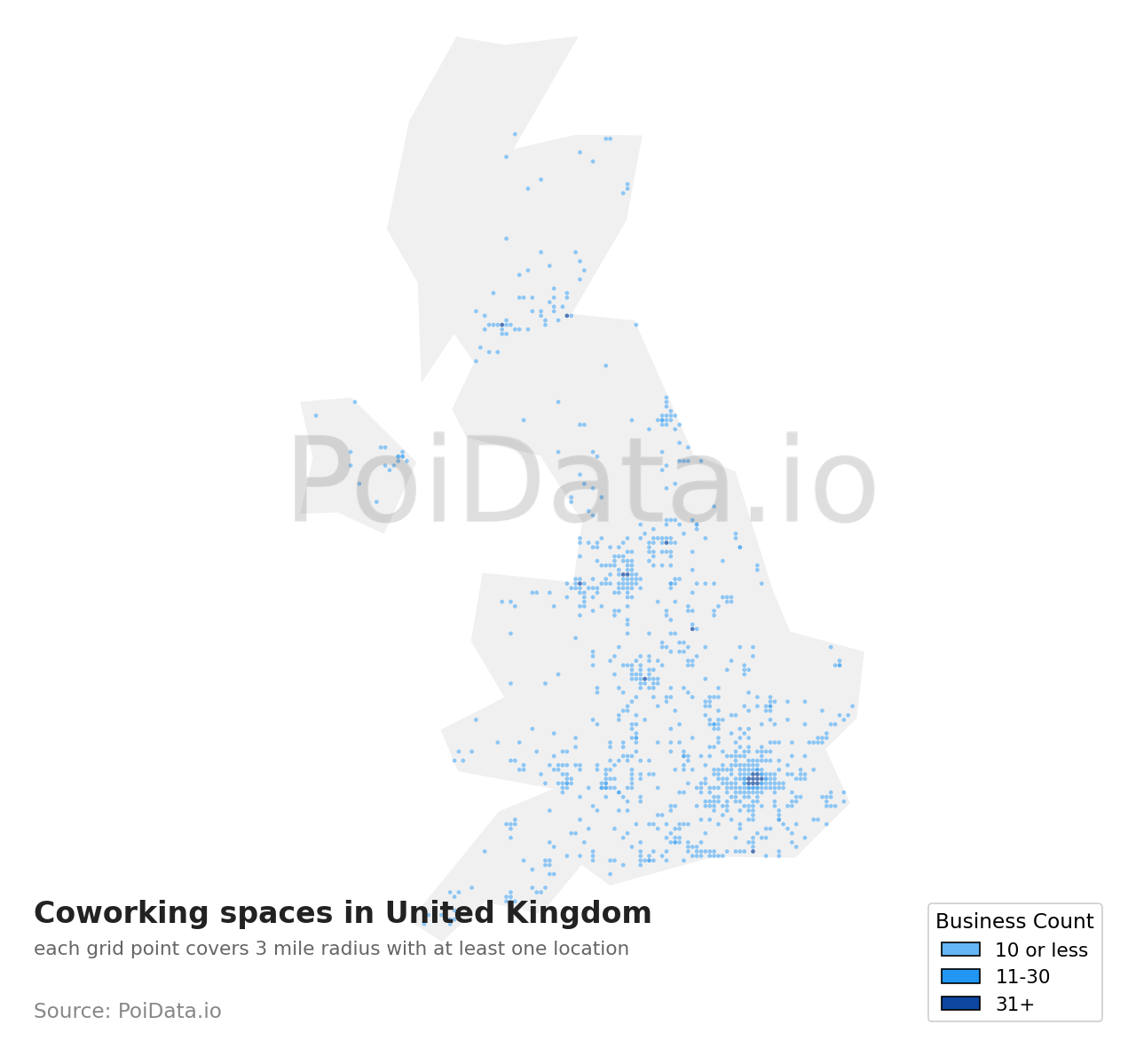 Coworking space density map for United Kingdom