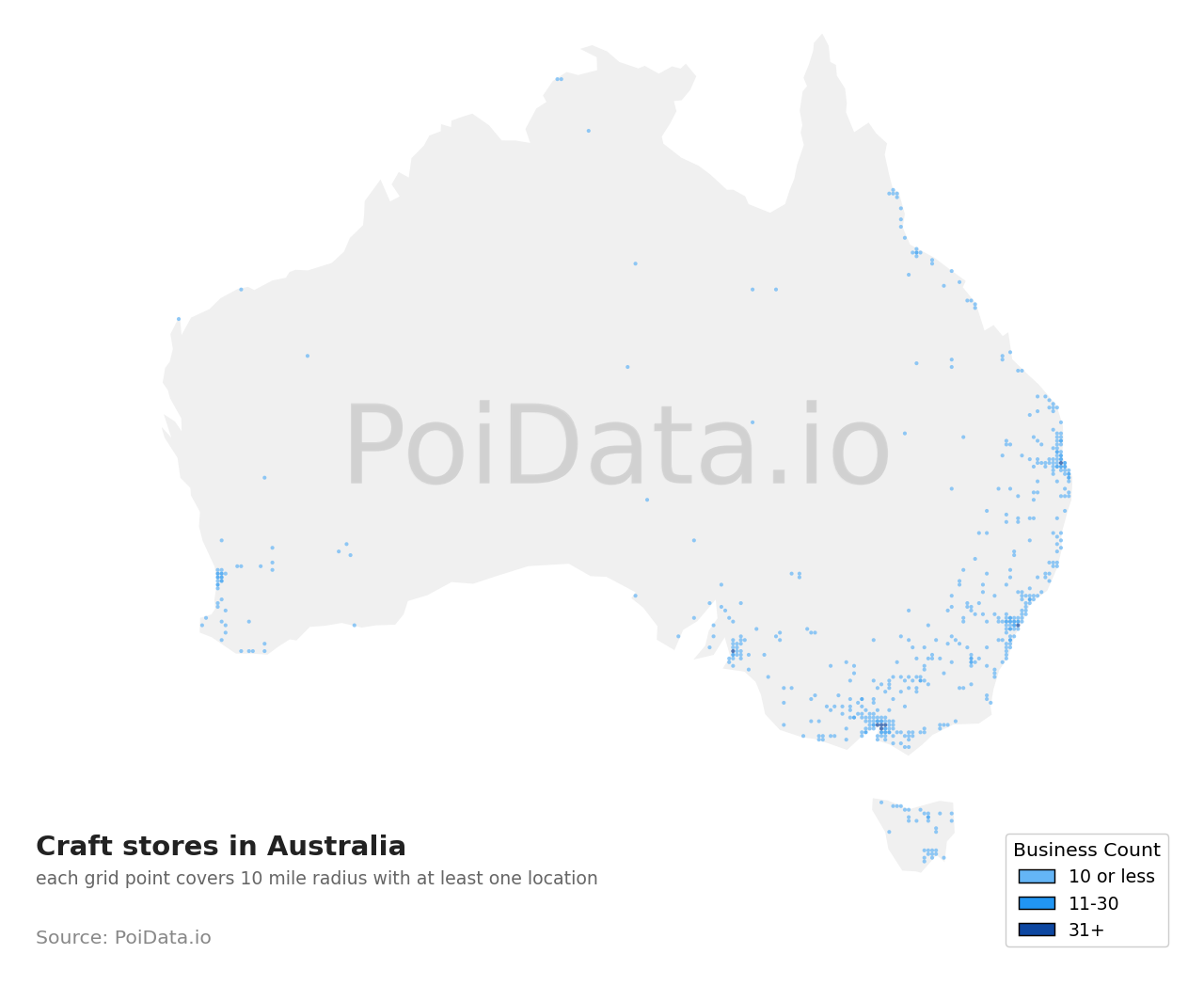 Craft store density map for Australia