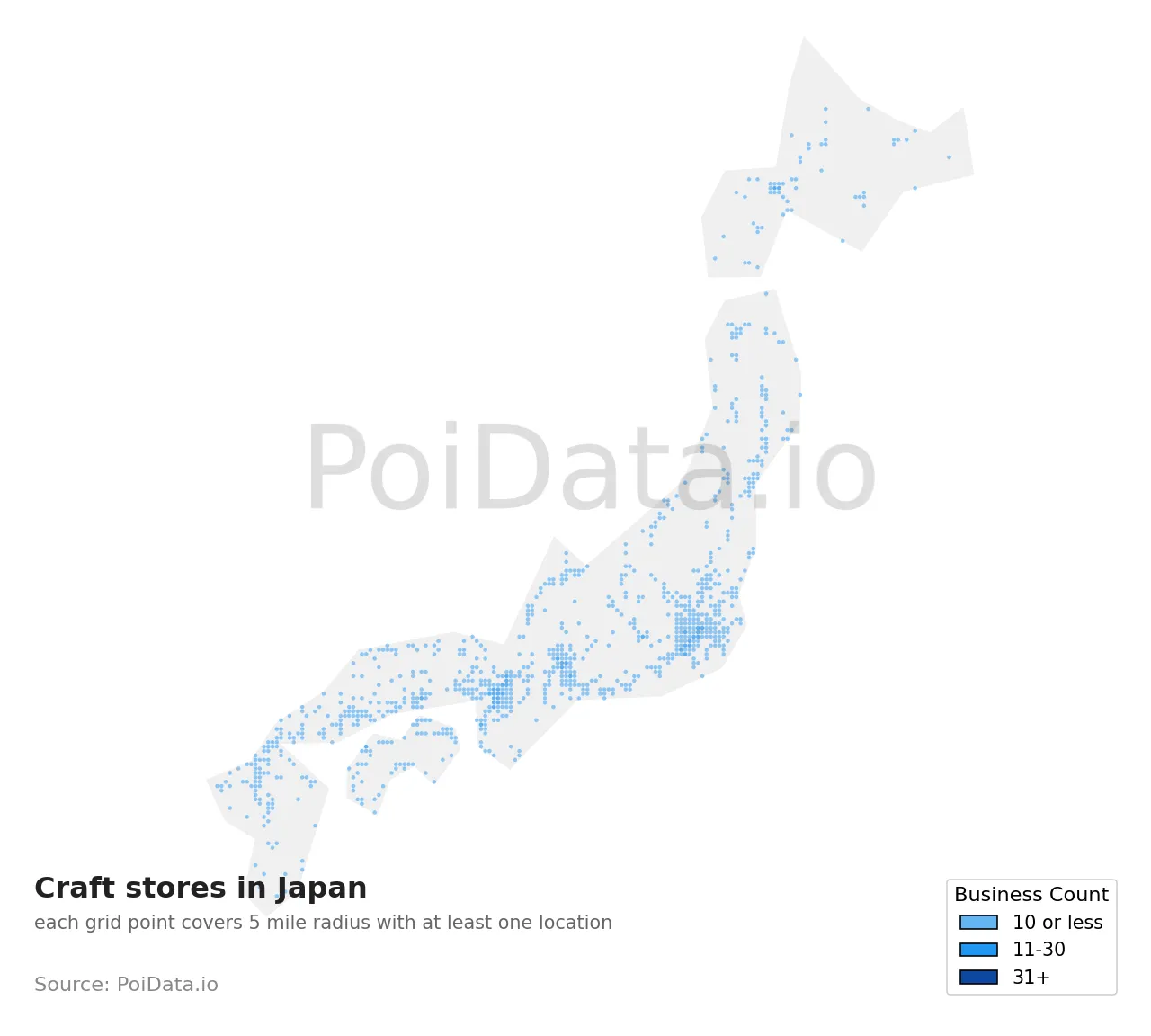 Craft store density map for Japan
