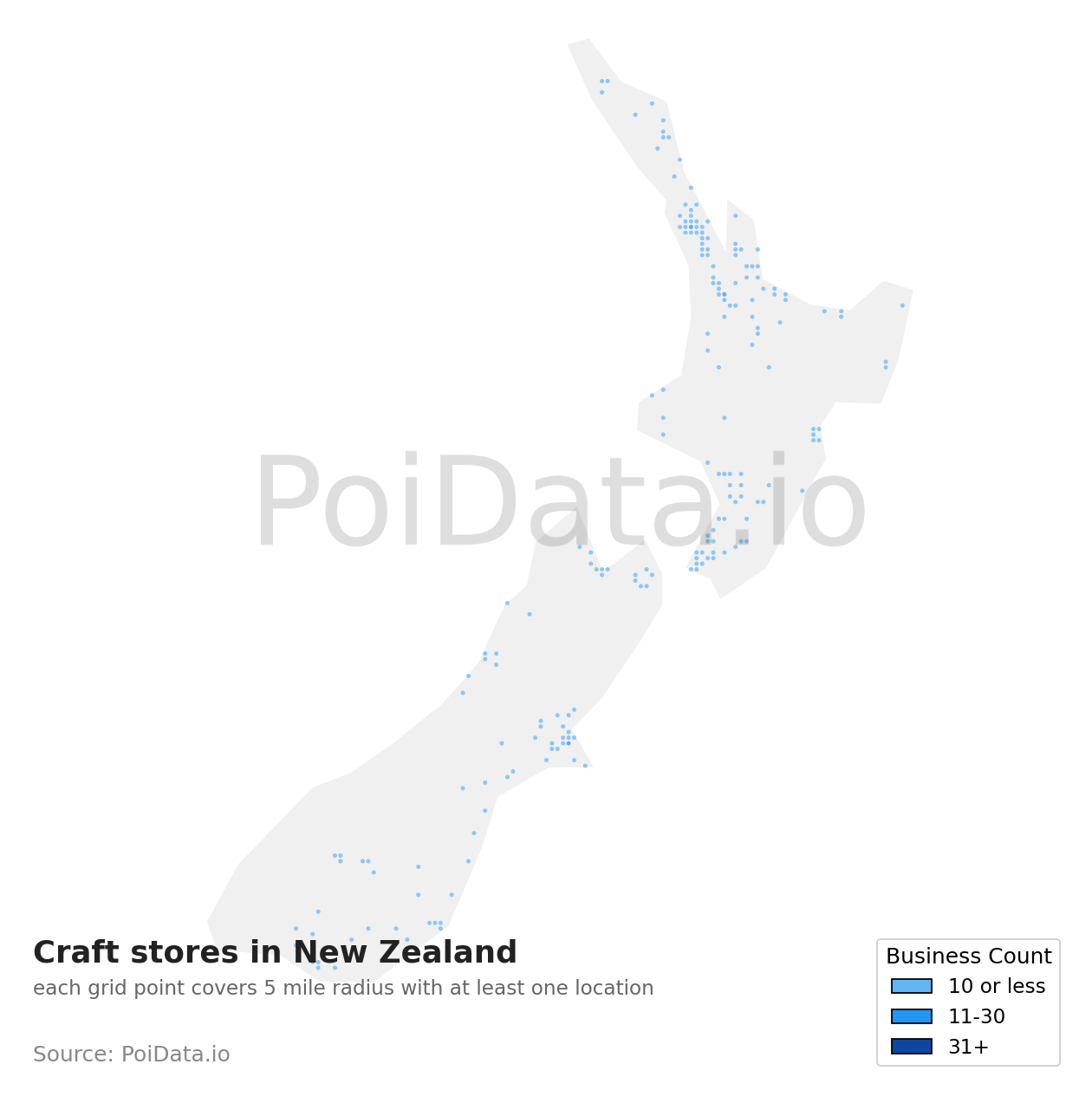 Craft store density map for New Zealand