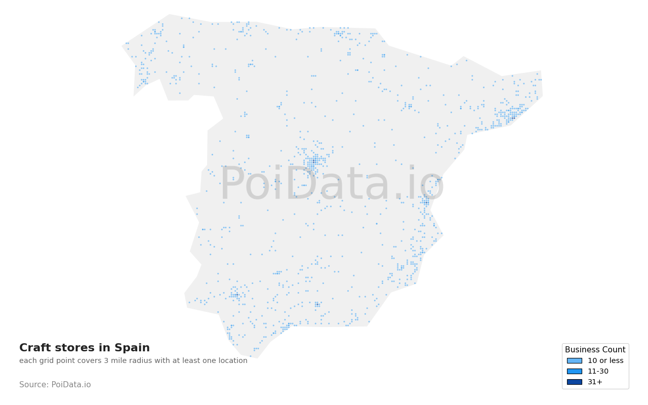 Craft store density map for Spain