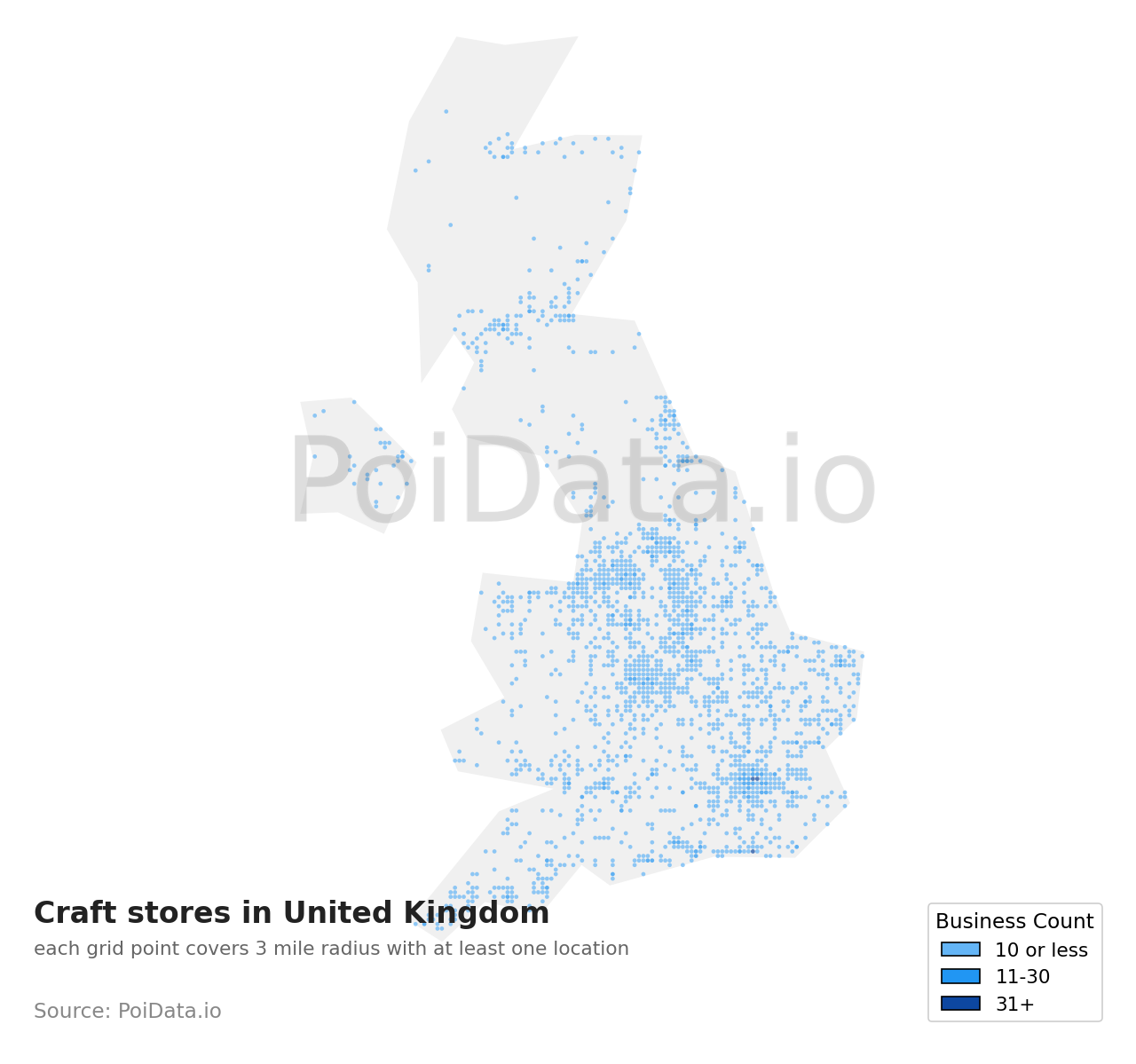 Craft store density map for United Kingdom
