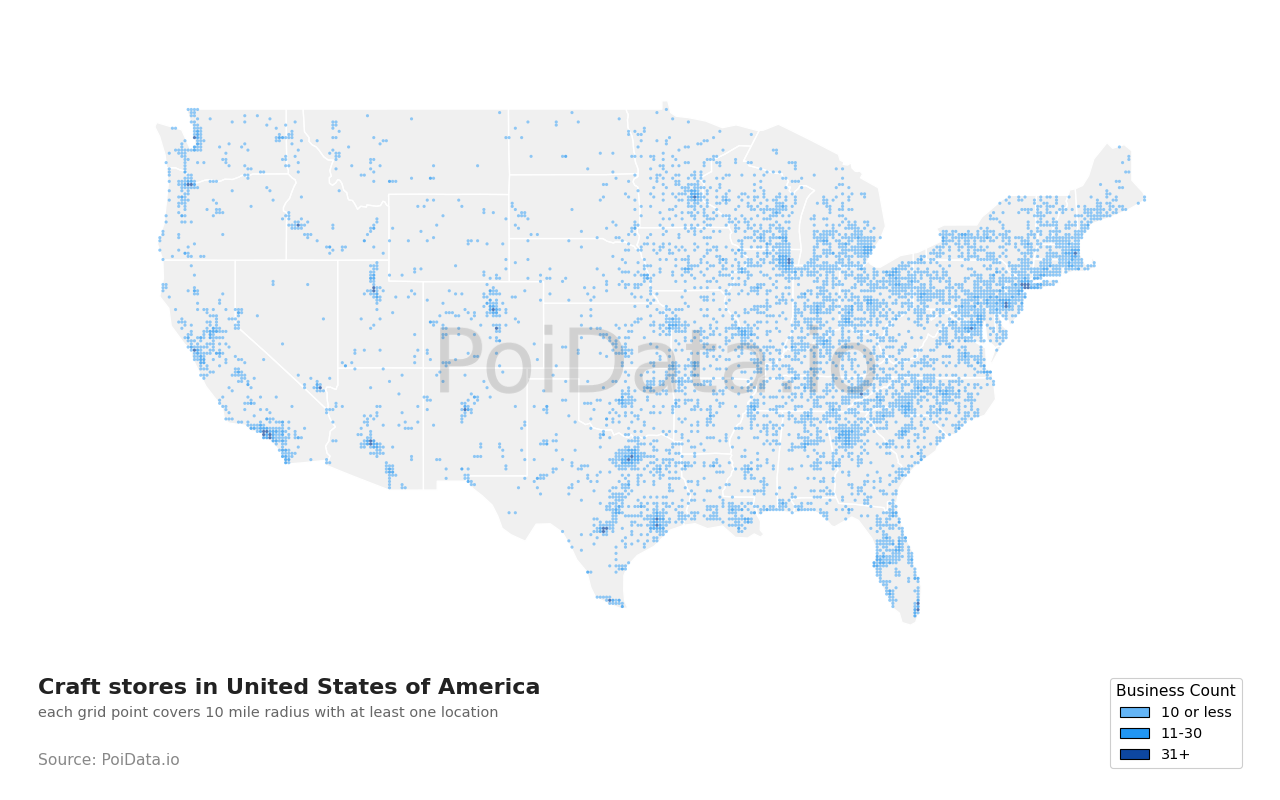 Craft store density map for United States