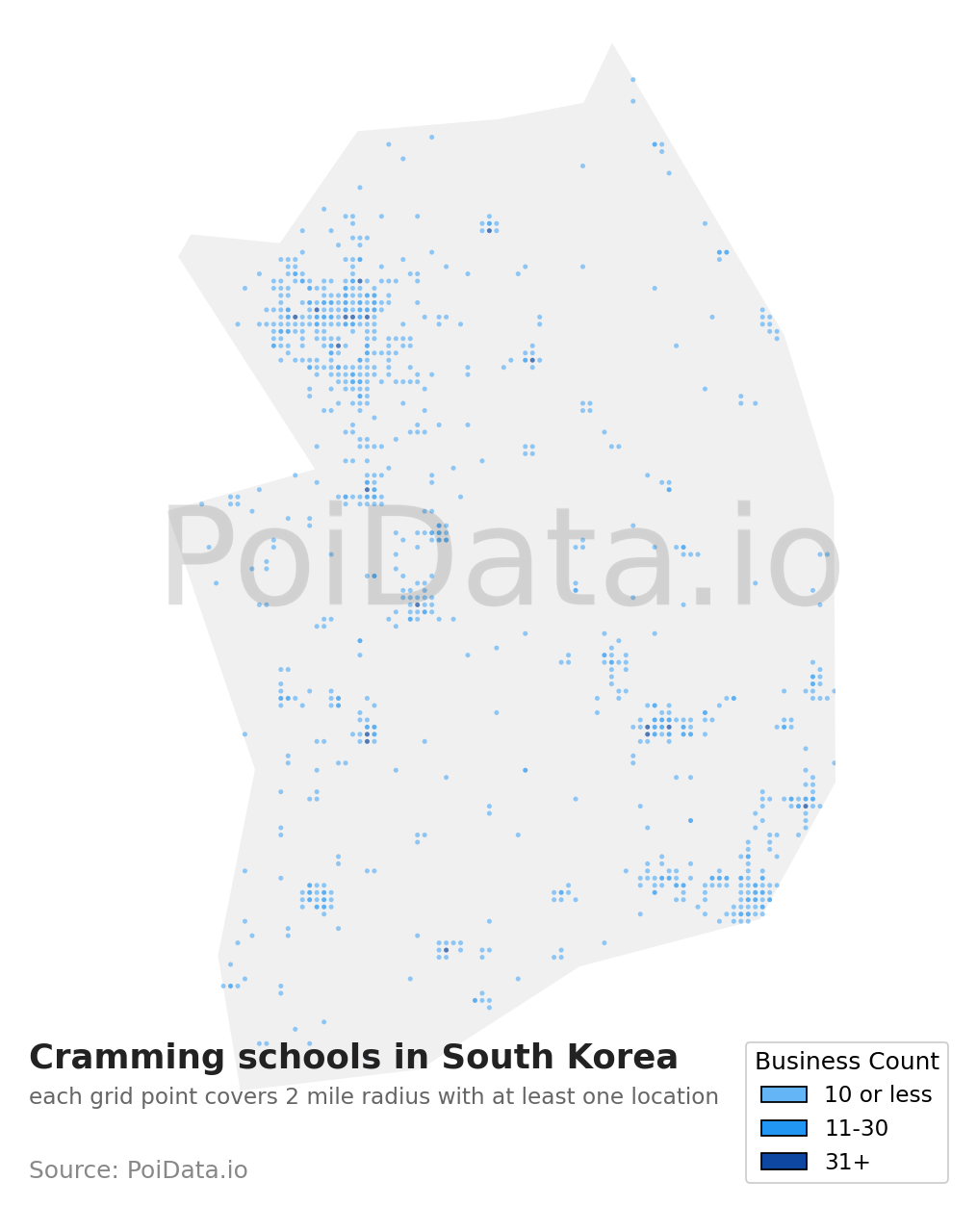 Cramming school density map for South Korea