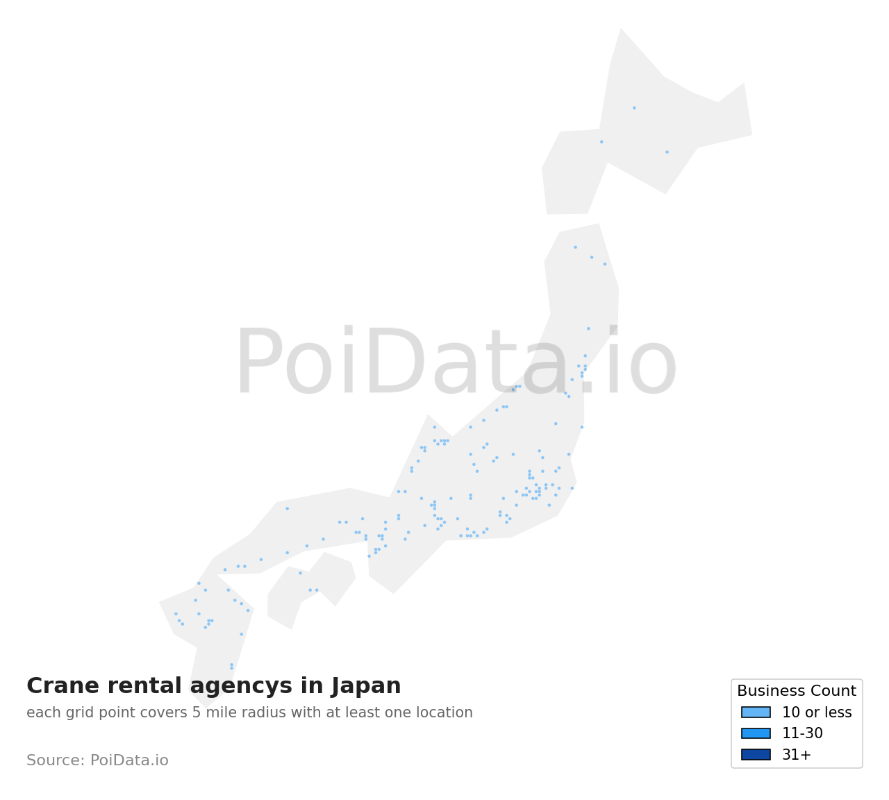 Crane rental agency density map for Shizuoka, Japan