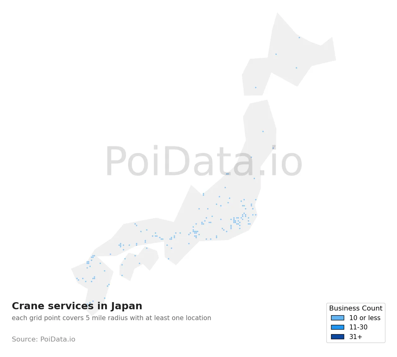 Crane service density map for Japan