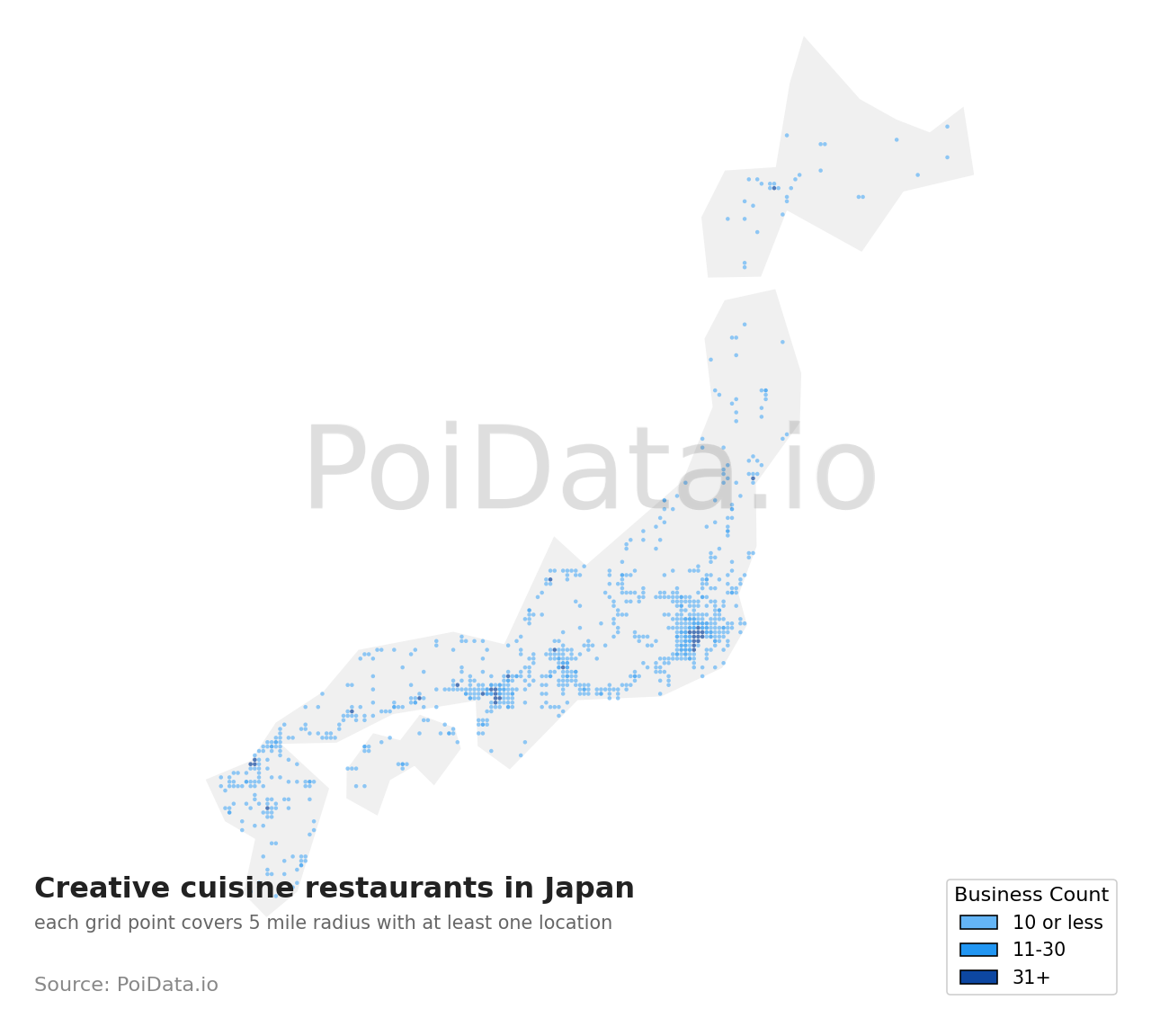 Creative cuisine restaurant density map for Chiba, Japan