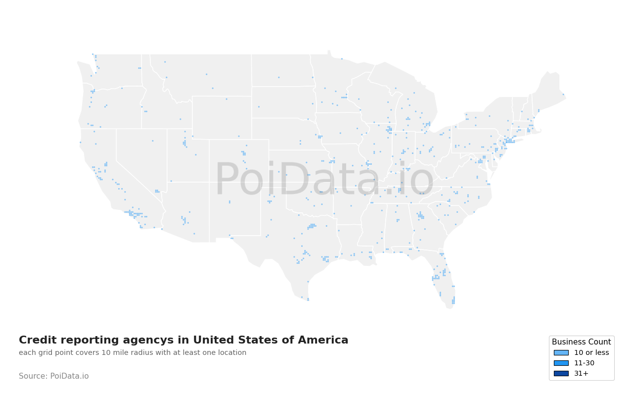 Credit reporting agency density map for California, United States