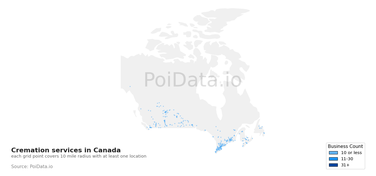 Cremation service density map for New Brunswick, Canada