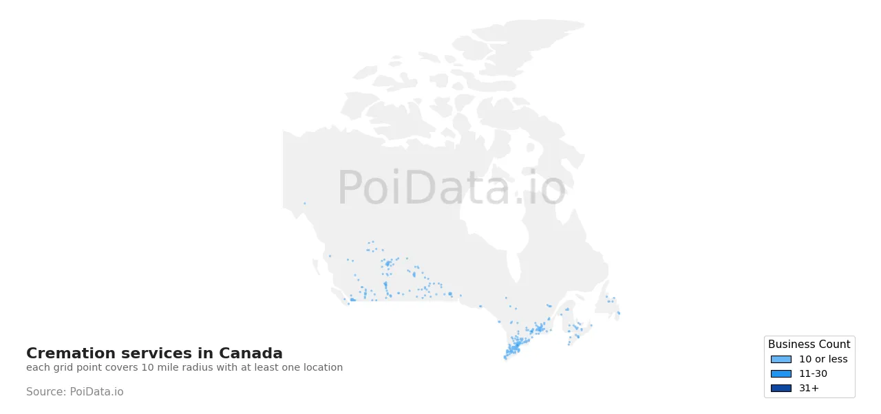 Cremation service density map for Canada